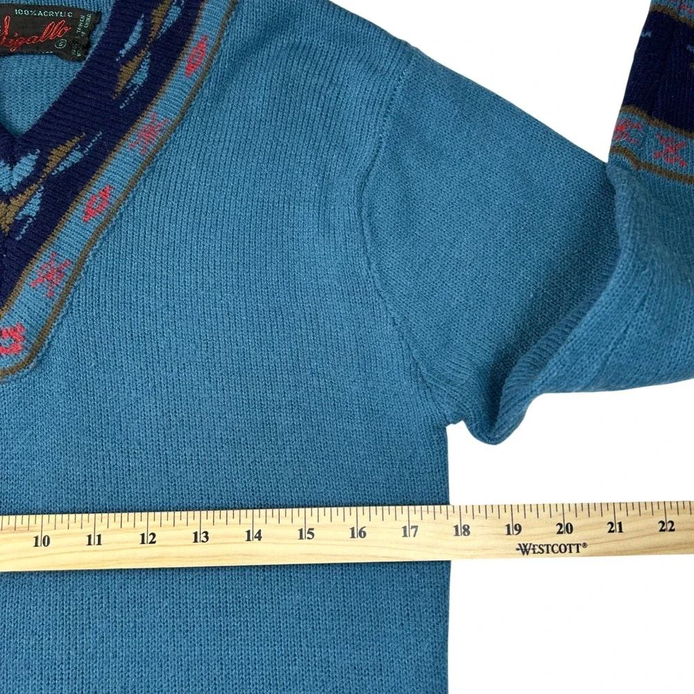 Vintage Sigallo Mens Blue V-Neck‎ Sweater Southwestern Pattern Acrylic Size S